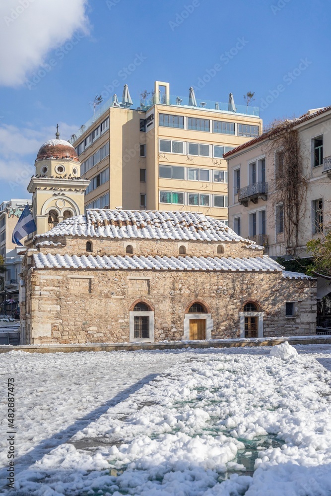 Center of Athens in snow 
