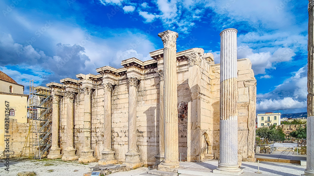 Sunny view of the Library of Hadrian, Athens, Greece.