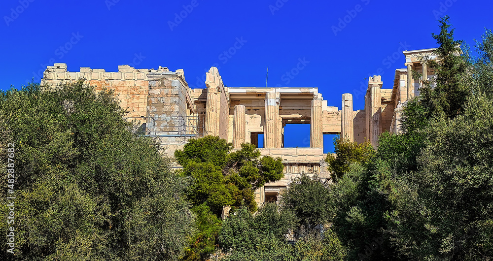 The Acropolis of Athens seen from the Pnyx, the historic hill in the center of the city.