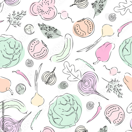 Seamless vintage with vegetables in line art style.