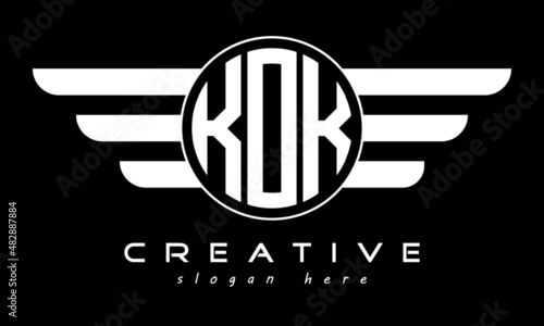KOK three letter monogram type circle letter logo with wings vector template.
