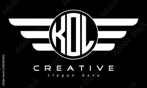 KOL three letter monogram type circle letter logo with wings vector template.
