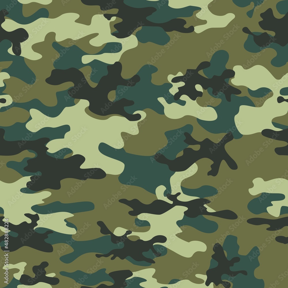 Green camouflage pattern, military illustration seamless background, forest texture for print on clothes, paper, fabric.
Green camouflage pattern, military illustration seamless background, forest texture for print on clothes, paper, fabric.