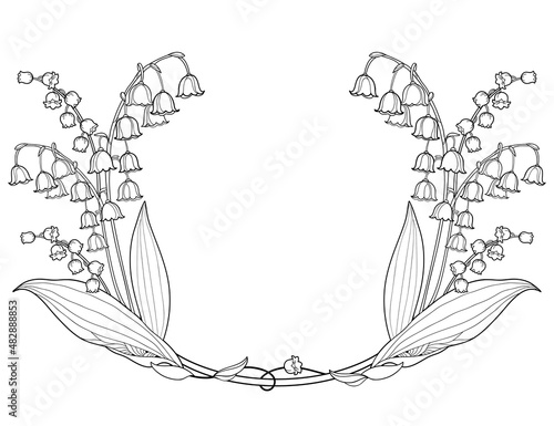 Frame with bouquet of outline Lily of the valley or Convallaria flower and leaves in black isolated on white background.