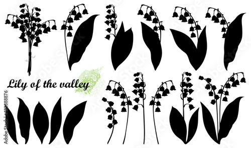 Set of silhouettes Lily of the valley or Convallaria flower and leaves in black isolated on white background. 