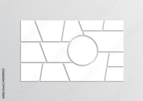 Collage layout. Moodboard template. Photo mood board grid. Mosaic pictures. Frame images. Album brandboard. Gallery banner with circle. Presentation background. Organised portfolio Vector illustration