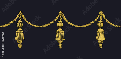 Print with gold chains and tassels on a black background. Vector seamless border.