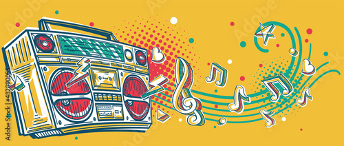 Music design - funky colorful drawn boom box tape recorder with clef and musical notes