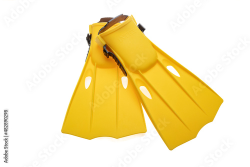 Flipper yellow pair isolated cutout on white background. Overhead view of swim equipment.