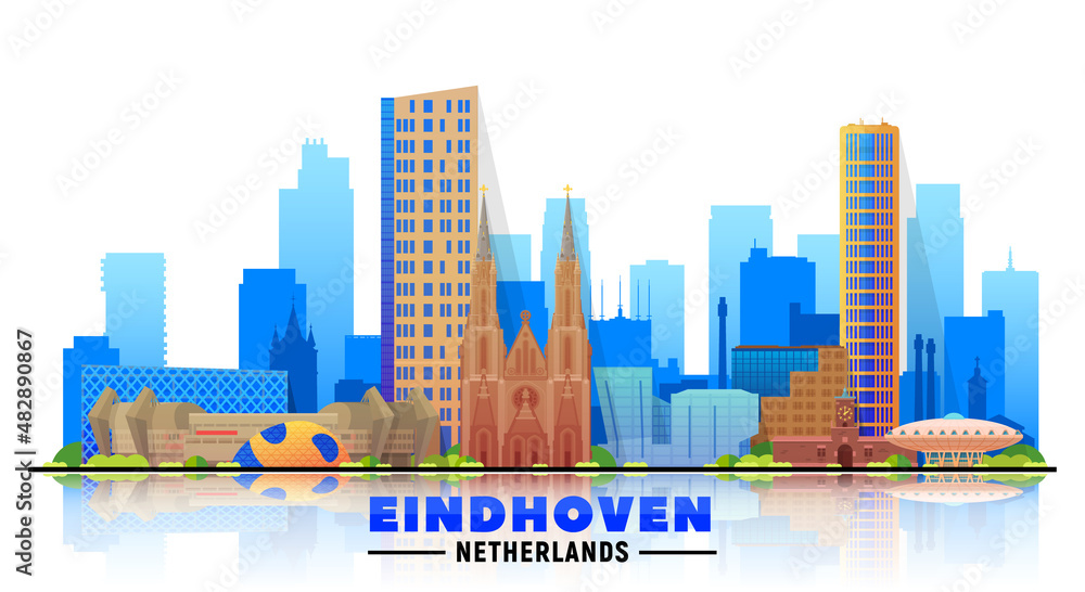 Eindhoven the Netherlands skyline with panorama at white background. Vector Illustration. Business travel and tourism concept with modern buildings. Image for banner or website.
