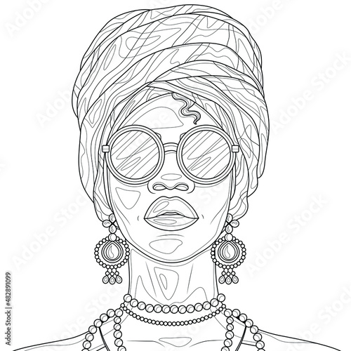 Black girl in a turban and flowers.Coloring book antistress for children and adults. Illustration isolated on white background.Zen-tangle style. Hand draw