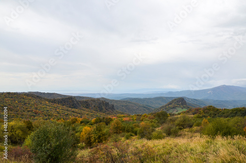 Panoramic view of autumn mountain landscape from Gombori Pass, Kakheti region, Georgia
