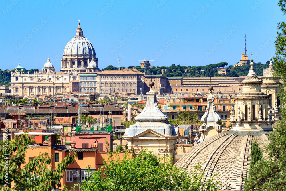 Landscape from Pincio Hill on roofs and churches of the ancient city of Rome. Far away St. Peter's Basilica.