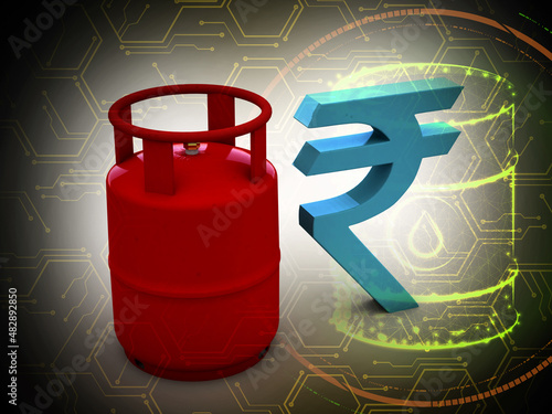 3D rendering illustration Gas Cylinder in home with indian rupee