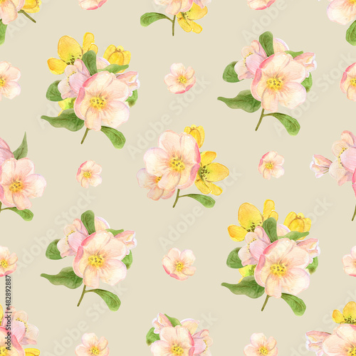 Spring Yellow Rose Forest Flowers - seamless pattern on pale yellow background. Bouquets of Forest flowers. Vintage.