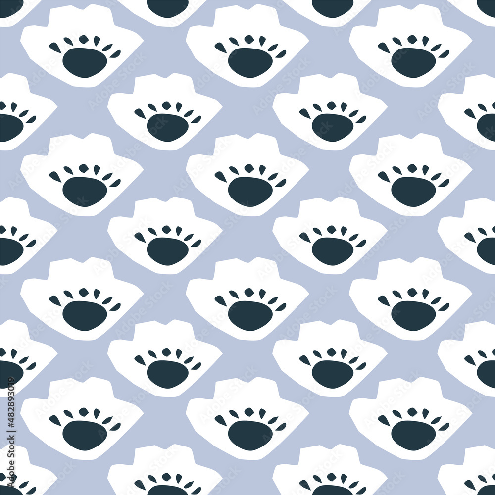 Obraz premium Abstract Scandinavian seamless geometric floral pattern. Simple Nordic ogee background. Print block for fabric, interior textile. Retro Blue folk flowers minimal design.