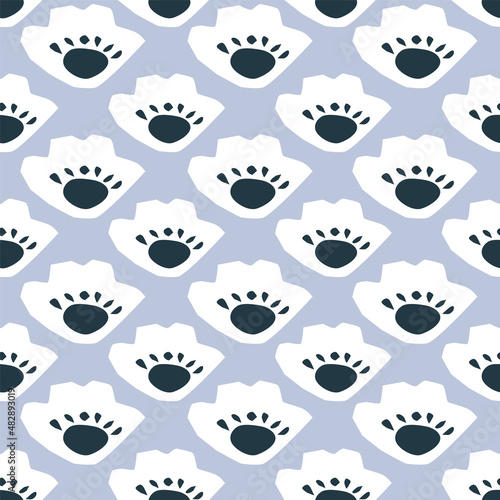 Abstract Scandinavian seamless geometric floral pattern. Simple Nordic ogee background. Print block for fabric, interior textile. Retro Blue folk flowers minimal design.