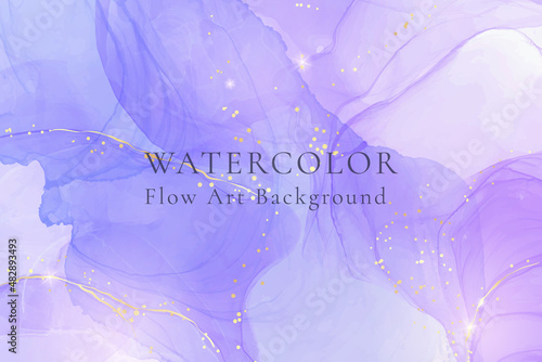 Violet lavender liquid watercolor marble background with golden lines. Pastel purple periwinkle alcohol ink drawing effect. Vector illustration design template for wedding invitation, menu, rsvp