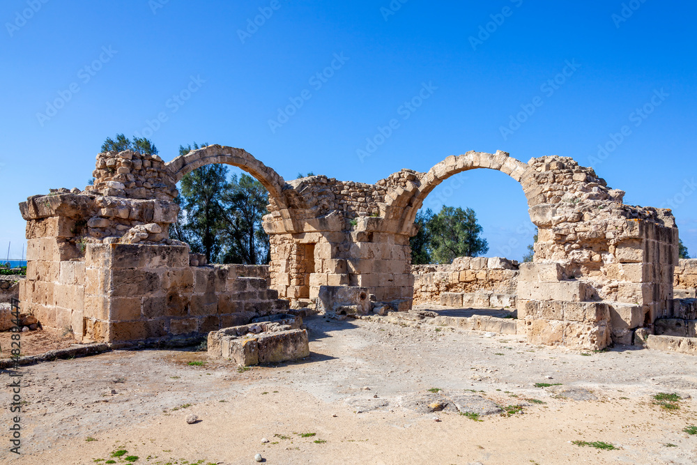 Ruins of Saranda Kolones (Saranta Kolones) inside the Kato Pathos (Paphos) Archaeological Park in Cyprus which is popular tourist holiday travel destination and landmark attraction, stock photo image