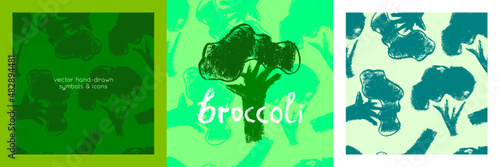 Vector broccoli pattern seamless. Green cabbage flowering illustrations. Vegan restaurant background, vegetarian wallpaper. Organic food ornament. Textured vegetable backdrop for farmers market design