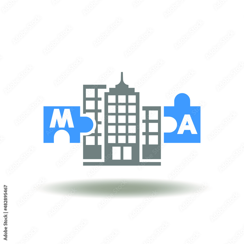 Vector illustration of skyscraper with puzzle pieces m and a letters. Symbol of Mergers and Acquisitions Business Cooperation Company. Icon of M&A corporate partnership. Vector illustration of skyscraper with puzzle pieces m and a letters. Symbol of Mergers and Acquisitions Business Cooperation Company. Icon of M&A corporate partnership.