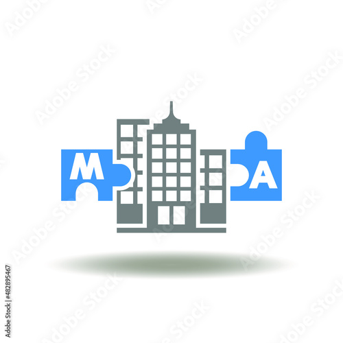 Vector illustration of skyscraper with puzzle pieces m and a letters. Symbol of Mergers and Acquisitions Business Cooperation Company. Icon of M&A corporate partnership.