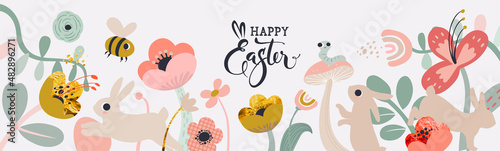 Happy Easter banner. Easter design with typography, Flowers strokes, dots, eggs, and bunny in pastel colors. Modern minimal style. Horizontal poster, greeting card, header