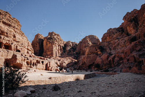 Facades in the rock in the ancient city of Petra. Hashemite Kingdom of Jordan. Jordan. Petra