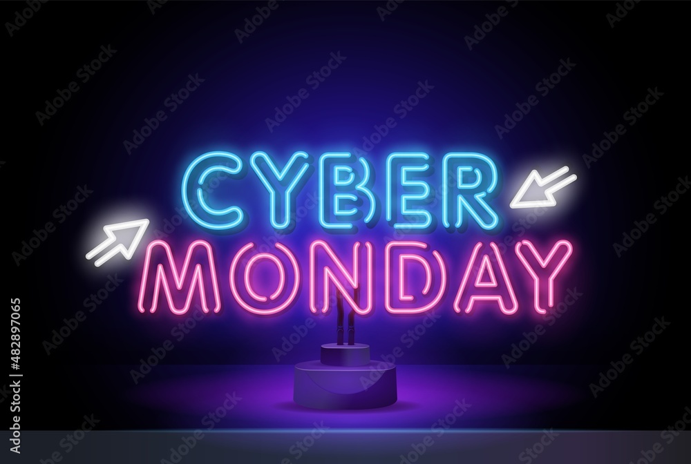 Cyber Monday neon. Glowing lettering. Cyber monday with blue light effect on dark background for advertising poster or business promotion