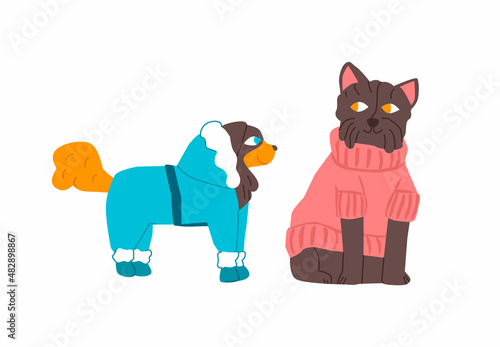 Vector illustration with two dogs in warm clothes. The concept of accessories for pets, their care. You can use elements in web design, banners, etc.
