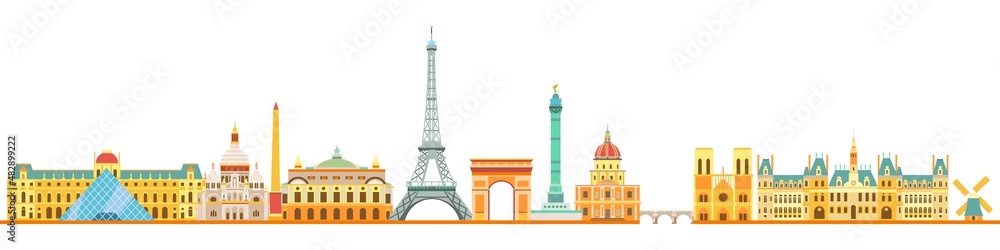 Paris skyline with illustration. Touristic architectural structures. City colorful silhouette.	