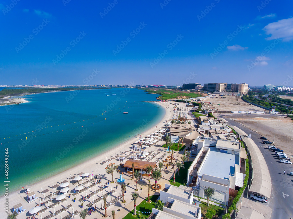 Aerial view of Yas Island Beach in Abu Dhabi on a sunny day, UAE