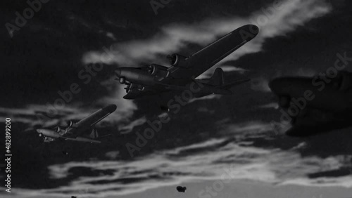 Film animation of bombing by war planes during World War II. 