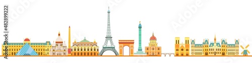 Paris skyline with illustration. Touristic architectural structures. City colorful silhouette.	