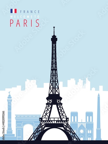 European cities capital paris landmarks vector poster design, France 