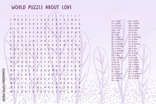 Valentines day word puzzle crossword - find the listed words about love in the brain work puzzle. attentiveness test, riddle game in English. words are located forward and down