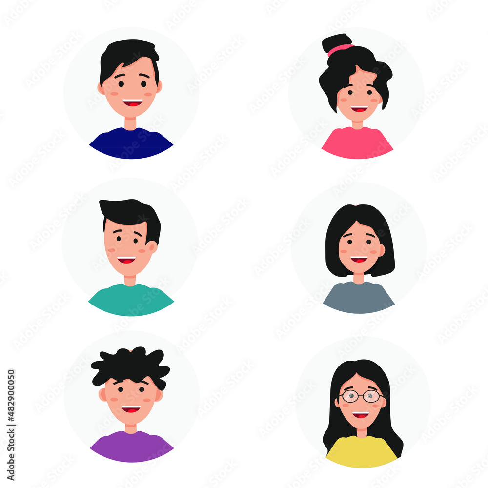 Avatars, icons, portraits of teenagers. 6 funny and cute characters, members. Vector illustration. Avatars, icons, portraits of teenagers. 6 funny and cute characters, members. Vector illustration.