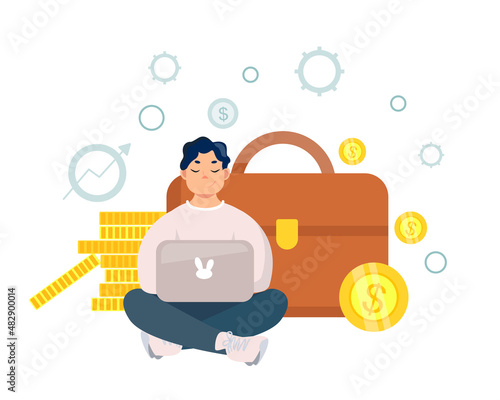 Business illustration. A briefcase and stacks of gold coins next to a man. The concept of investing money. Financial literacy, investments. Online bank. Vector illustration in cartoon style