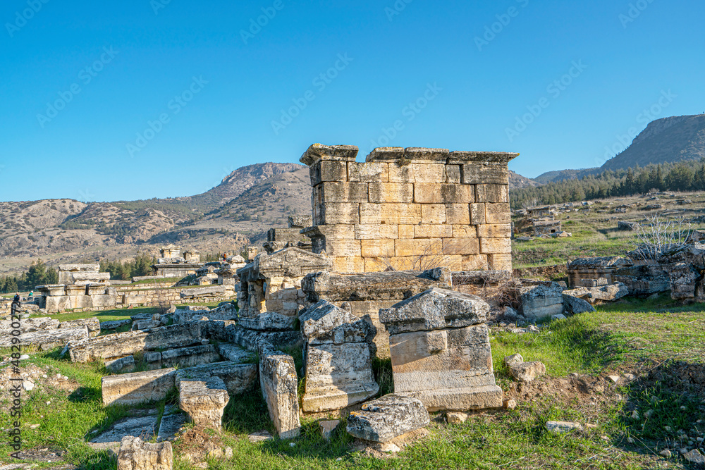 The necropolis of Hierapolis is filled with sarcophagi, rock tombs, was an ancient Greek city located on hot springs in classical Phrygia in Anatolia and currently comprise an archaeological museum.