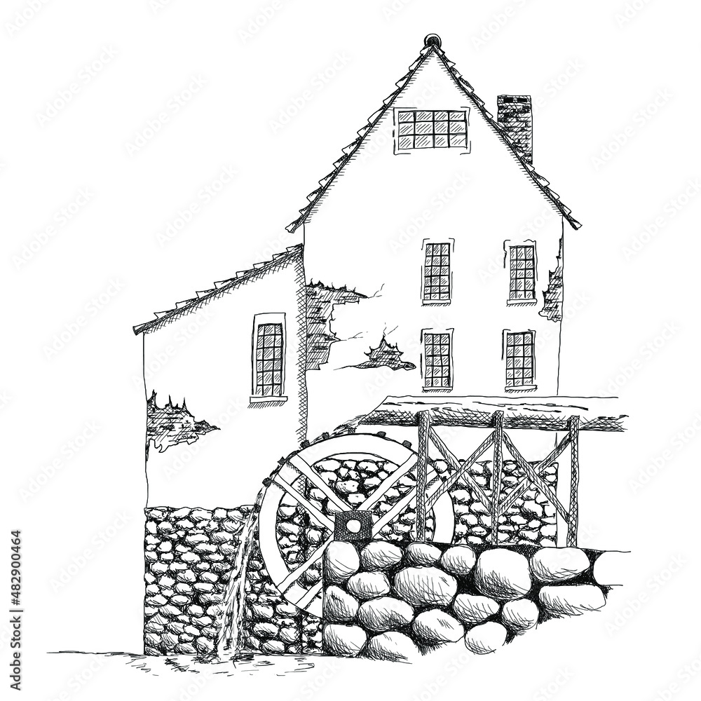 Fotografie Old water mill. Hand drawn sketch