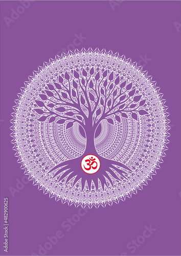 The tree of life with aum, om, ohm sign in center natural and spiritual symbol. Vector graphics