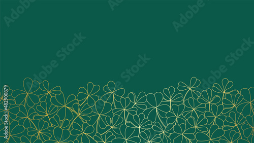 Luxury elegant line art background golden clover leaves on emerald green background with copy space