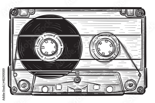Hand drawn black and white old music audio cassette