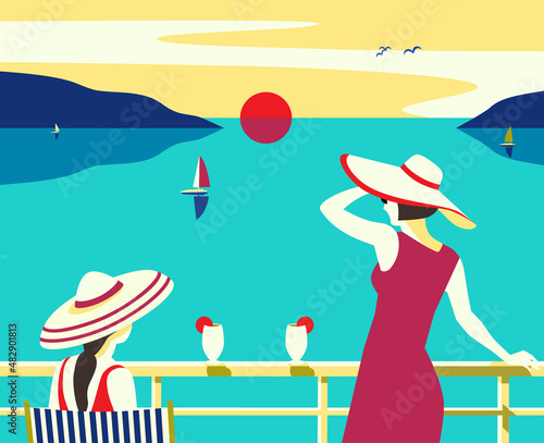 Females enjoy blue ocean sunset scenic view. Yacht vessel, summer seaside nature landscape background. Holiday vacation season sea travel leisure illustration. Sea sailing relax tourist vector poster
