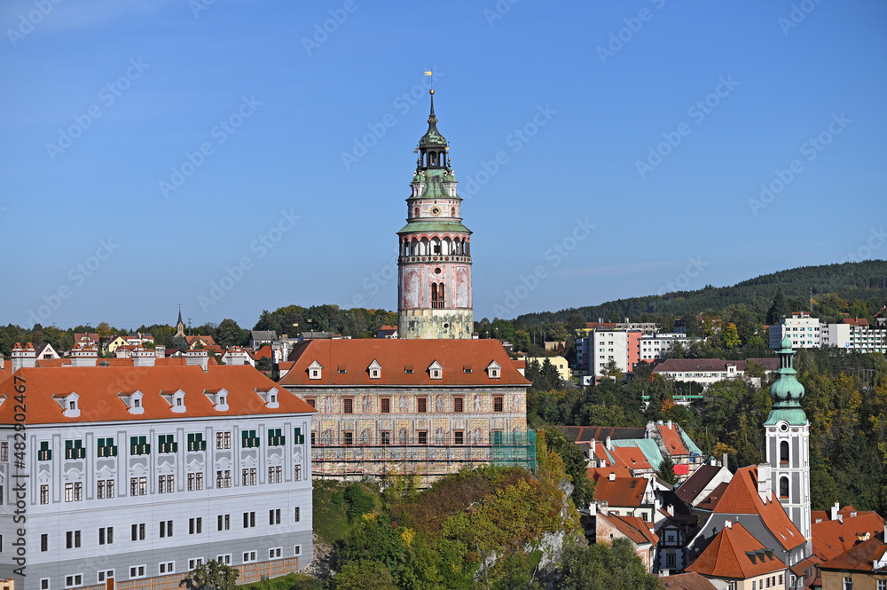 Castle tower in Cesky Krumlov cityscape Czech republic