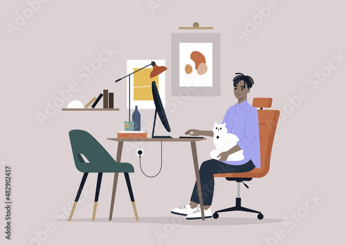 A young millennial character working from home with a cat on their lap, a remote office concept