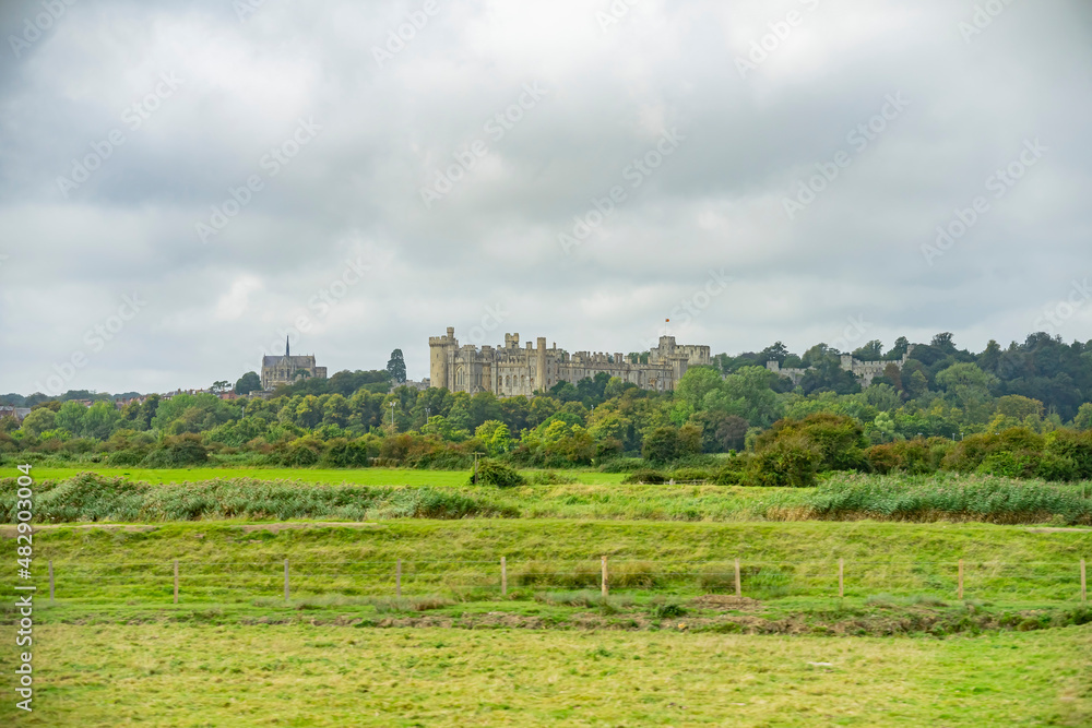 Overcast view of the Arundel Castle and St Philip Howard Church