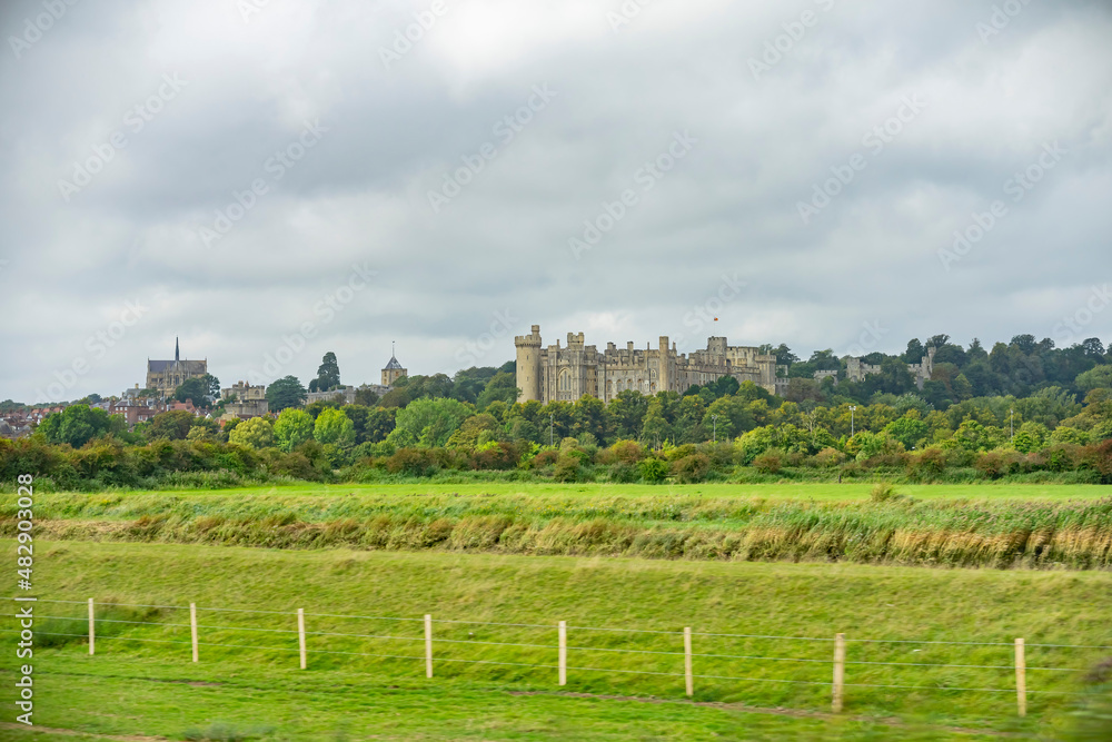 Overcast view of the Arundel Castle and St Philip Howard Church