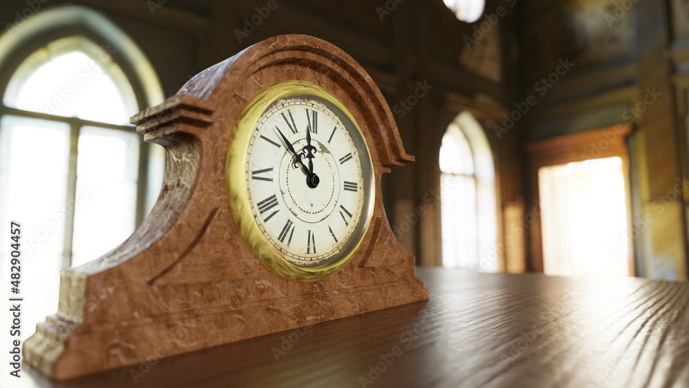 3d visualization of an antique clock made of wood