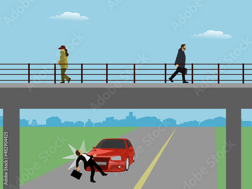 People were walking across the overpass. The man was hit by a car because he didn't cross the overpass. There was a sky and clouds in the background.